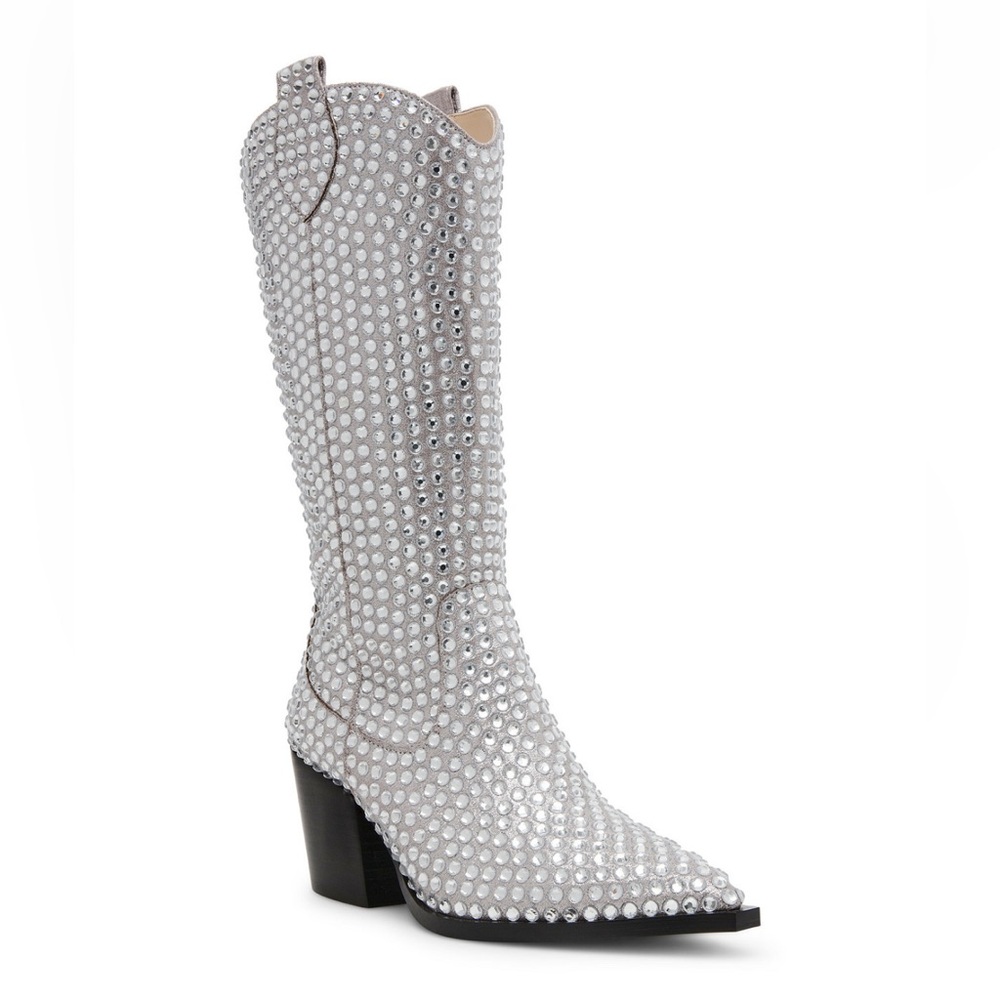 Betsey Johnson Randy Silver Rhineston Heeled Boots Sz 6.5